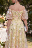 Robe midi à manches bouffantes jaune clair fleur froncée