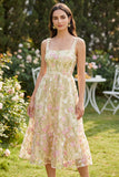 Robe Midi à col carré à col fleur jaune clair A Line