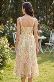Robe Midi à col carré à col fleur jaune clair A Line
