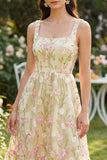 Robe Midi à col carré à col fleur jaune clair A Line