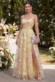 Straps fines jaune clair A-Line creux appliqued Maxi Floral avec fente