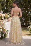 Straps fines jaune clair A-Line creux appliqued Maxi Floral avec fente