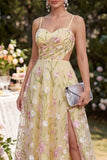 Straps fines jaune clair A-Line creux appliqued Maxi Floral avec fente