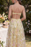 Straps fines jaune clair A-Line creux appliqued Maxi Floral avec fente