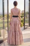 Blush Jacquard Boat Neck A Line Maxi Floral Dress avec nœud