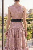 Blush Jacquard Boat Neck A Line Maxi Floral Dress avec nœud