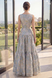 Blush Jacquard Boat Neck A Line Maxi Floral Dress avec nœud