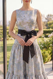 Blush Jacquard Boat Neck A Line Maxi Floral Dress avec nœud