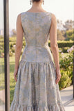 Blush Jacquard Boat Neck A Line Maxi Floral Dress avec nœud