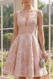 Robe fleurale Midi Jacquard à col en V à la ligne A Blush