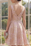Robe fleurale Midi Jacquard à col en V à la ligne A Blush