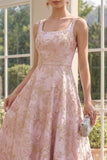 Robe Maxi Fleur Jacquard à col carré à longueur A en blush