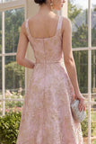 Robe Maxi Fleur Jacquard à col carré à longueur A en blush
