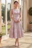 Robe Midi à fleurs A Lilas A Line Jacquard à col bateau