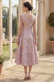 Robe Midi à fleurs A Lilas A Line Jacquard à col bateau