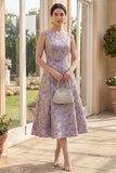Robe midi fleurie Jacquard à col bateau lilas poussiéreux