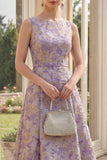 Robe midi fleurie Jacquard à col bateau lilas poussiéreux