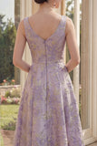 Robe midi fleurie Jacquard à col bateau lilas poussiéreux