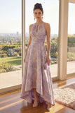 Rouge poussiéreuse lilas à trou de serrure Jacquard A Line Haute Low Floral Dress