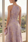 Rouge poussiéreuse lilas à trou de serrure Jacquard A Line Haute Low Floral Dress