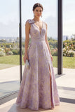 Petite robe Maxi fleurie à col en V à col en V A Lilas poussiéreux Jacquard avec fente