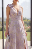 Petite robe Maxi fleurie à col en V à col en V A Lilas poussiéreux Jacquard avec fente