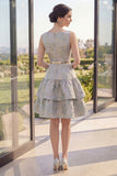 Robe fleurie midi Jacquard midi à décolleté A Bleu poussiéreux A Line avec ceinture