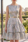 Robe fleurie midi Jacquard midi à décolleté A Bleu poussiéreux A Line avec ceinture