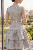 Robe fleurie midi Jacquard midi à décolleté A Bleu poussiéreux A Line avec ceinture