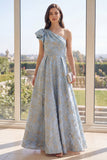 Robe Maxi fleurie Jacquard à une épaule et nœud Dusty Blue A Line