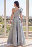 Robe Maxi fleurie Jacquard à une épaule et nœud Dusty Blue A Line
