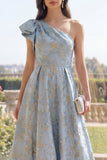 Robe Maxi fleurie Jacquard à une épaule et nœud Dusty Blue A Line