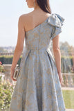 Robe Maxi fleurie Jacquard à une épaule et nœud Dusty Blue A Line