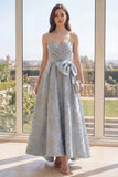 Robe Maxi de Jacquard fleuri bleu poussiéreux Long A Line avec nœud