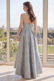 Robe Maxi de Jacquard fleuri bleu poussiéreux Long A Line avec nœud