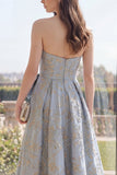 Robe Maxi de Jacquard fleuri bleu poussiéreux Long A Line avec nœud