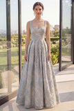 Ligne A : robe Maxi Jacquard à longues bretelles florales bleu poussiéreux