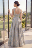 Ligne A : robe Maxi Jacquard à longues bretelles florales bleu poussiéreux