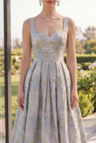 Ligne A : robe Maxi Jacquard à longues bretelles florales bleu poussiéreux