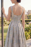 Ligne A : robe Maxi Jacquard à longues bretelles florales bleu poussiéreux