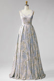 Robe invitée mariage en jacquard longue avec plis gris-bleu à col V, ligne A