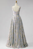 Robe invitée mariage en jacquard longue avec plis gris-bleu à col V, ligne A
