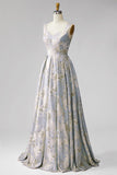 Robe invitée mariage en jacquard longue avec plis gris-bleu à col V, ligne A