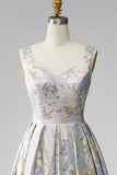 Robe invitée mariage en jacquard longue avec plis gris-bleu à col V, ligne A