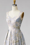 Robe invitée mariage en jacquard longue avec plis gris-bleu à col V, ligne A