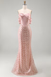 Robe mahaire corset sans anneaux Blush Sirène à sequins avec nœud