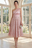 Blush à une épaule scintillante Une robe midi à nœuds en ligne