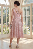 Blush à une épaule scintillante Une robe midi à nœuds en ligne