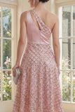Blush à une épaule scintillante Une robe midi à nœuds en ligne