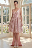 Robe midi à fard à joues étincelante à col V avec un large nœud